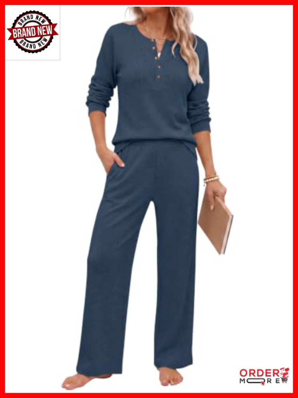 Waffle Knit Lounge Set Button Up Top Wide Leg Pants Travel Outfit